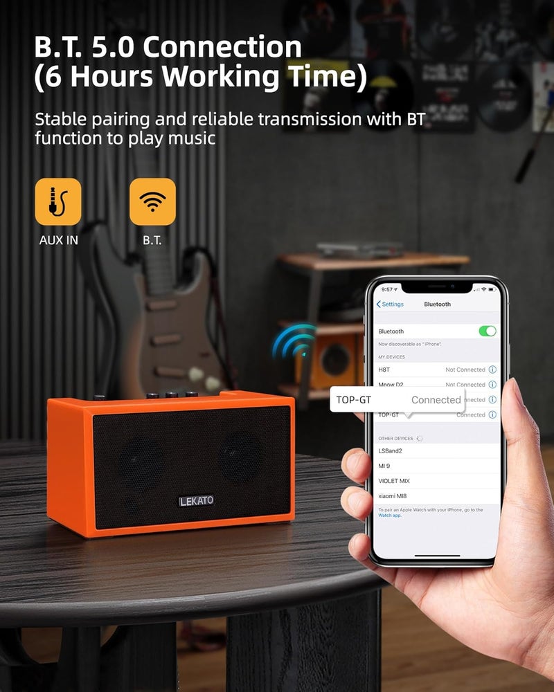 LEKATO Mini Guitar Amplifier with Clean Overdrive Effects 5W Rchargeable Electric Guitar Amp Small Bass Amplifier Bluetooth Bass Amplifier for Daily Practice,Orange - Image 4